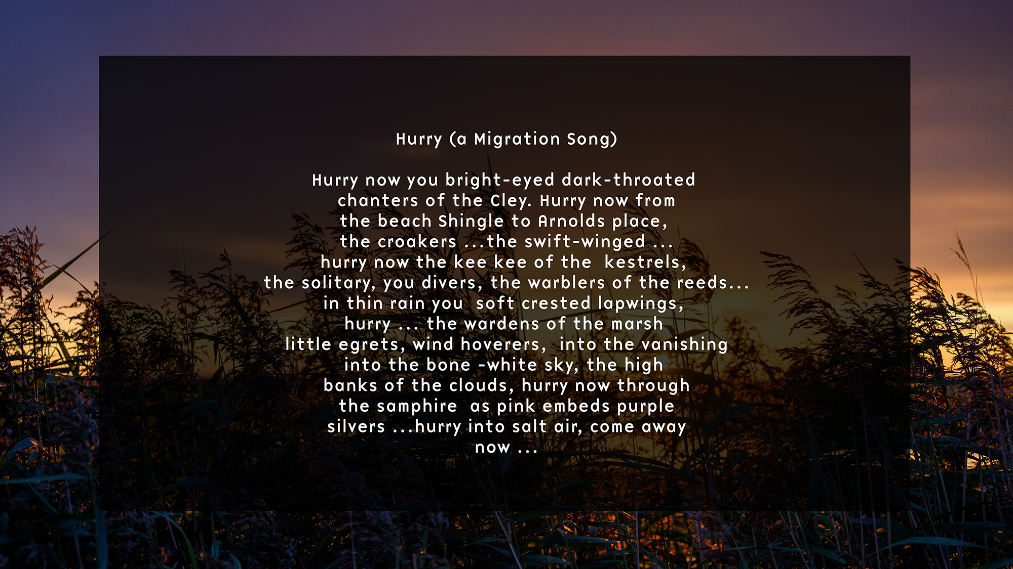 image of Cley with the poem Hurry (a Migration Song) in text